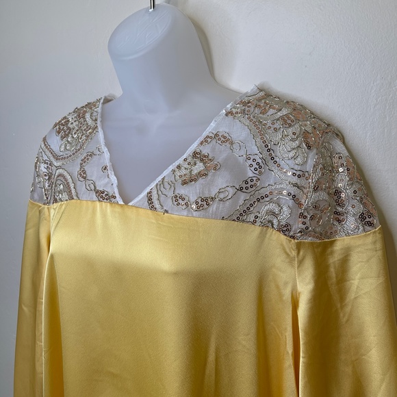 Shein | RARE Jewel Tone Golden Yellow Lace Sequins Bell Sleeve Kaftan Gown Dress - Picture 4 of 14